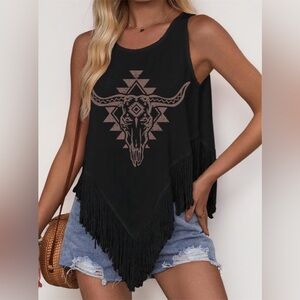 Western Cow Skull Fringe Tank Top Boho Cowgirl Rodeo Graphic Shirt XL
